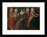 Portrait of five women with a dog and parrot, by Anonymous