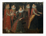 Portrait of five women with a dog and parrot, by Anonymous