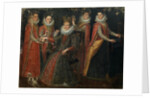 Portrait of five women with a dog and parrot, by Anonymous