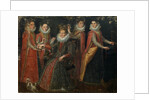 Portrait of five women with a dog and parrot, by Anonymous