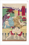 Two Sumo children  in Action in front of Tachibana Muneshige, 1861 by Anonymous