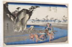 Two wrestlers crossing the Okitsu River near Okitsu, 1830s by Anonymous