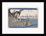 Two wrestlers crossing the Okitsu River near Okitsu, 1830s by Anonymous