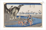 Two wrestlers crossing the Okitsu River near Okitsu, 1830s by Anonymous