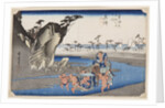 Two wrestlers crossing the Okitsu River near Okitsu, 1830s by Anonymous