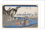 Two wrestlers crossing the Okitsu River near Okitsu, 1830s by Anonymous