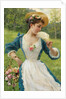 Young beauty with a basket of roses, by Anonymous
