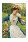 Young beauty with a basket of roses, by Anonymous