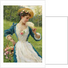 Young beauty with a basket of roses, by Anonymous