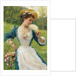 Young beauty with a basket of roses, by Anonymous