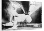 Workmen standing under one of the propellors of the Titanic, 31 May, 1911 by Anonymous
