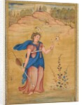 A female figure standing in a landscape holding a four-stringed 'khuuchir' and a lotus, c. 1590 by Unknown