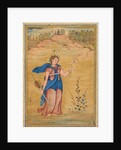 A female figure standing in a landscape holding a four-stringed 'khuuchir' and a lotus, c. 1590 by Unknown
