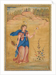 A female figure standing in a landscape holding a four-stringed 'khuuchir' and a lotus, c. 1590 by Unknown
