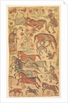 A marbled picture of Rustam catching Rakhsh, c. 1650 by Shafi (attributed to)