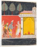 A page from a Ramayana: A night scene of Rama, Lakshman and Sita before the rishi…, c. 1650 by Unknown