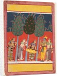 A page from a Rasikapriya series: Krishna and Radha and the Sakhis with musical instruments, c. 1650 by Unknown