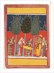 A page from a Rasikapriya series: Krishna and Radha and the Sakhis with musical instruments, c. 1650 by Unknown