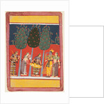 A page from a Rasikapriya series: Krishna and Radha and the Sakhis with musical instruments, c. 1650 by Unknown