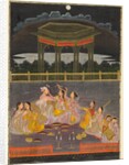 A prince celebrating Holi with palace women on a terrace at night; verso: calligraphy of a quatrain, by Unknown