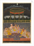 A prince celebrating Holi with palace women on a terrace at night; verso: calligraphy of a quatrain, by Unknown