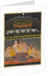 A prince celebrating Holi with palace women on a terrace at night; verso: calligraphy of a quatrain, by Unknown