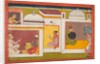 Inside a building, Madhava sits facing a man holding a scale, from a Madhavanala…, c. 1700 by Unknown