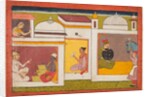 Inside a building, Madhava sits facing a man holding a scale, from a Madhavanala…, c. 1700 by Unknown