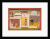 Inside a building, Madhava sits facing a man holding a scale, from a Madhavanala…, c. 1700 by Unknown
