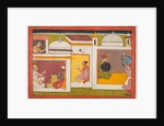 Inside a building, Madhava sits facing a man holding a scale, from a Madhavanala…, c. 1700 by Unknown