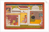 Inside a building, Madhava sits facing a man holding a scale, from a Madhavanala…, c. 1700 by Unknown