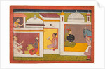 Inside a building, Madhava sits facing a man holding a scale, from a Madhavanala…, c. 1700 by Unknown