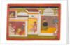 Inside a building, Madhava sits facing a man holding a scale, from a Madhavanala…, c. 1700 by Unknown