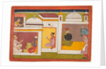 Inside a building, Madhava sits facing a man holding a scale, from a Madhavanala…, c. 1700 by Unknown
