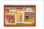 Inside a building, Madhava sits facing a man holding a scale, from a Madhavanala…, c. 1700 by Unknown