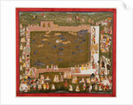 Maharaja Sangram Singh and his court observe a fight between tigers and boars at Sadri, c. 1720 by Unknown