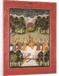 Malar Ragini: Krishna Playing the Flute to Seven Gopis Holding Musical Instruments…, c. 1760 by Unknown