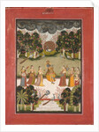 Malar Ragini: Krishna Playing the Flute to Seven Gopis Holding Musical Instruments…, c. 1760 by Unknown