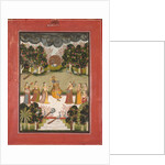 Malar Ragini: Krishna Playing the Flute to Seven Gopis Holding Musical Instruments…, c. 1760 by Unknown