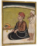 Noble seated on an outdoor parapet worshiping a shrine of Krishna fluting, c. 1800 by Unknown
