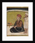 Noble seated on an outdoor parapet worshiping a shrine of Krishna fluting, c. 1800 by Unknown