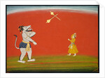 Pradyumna and Samvara fight with maces: Leaf from the 'Large Basohli Bhagavata Purana', c. 1760-1765 by Unknown