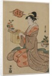 Woman Holding a Wooden Cup Stand Decorated with Chrysanthemums…, mid 1790s by Ch?bunsai Eishi