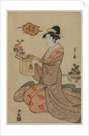 Woman Holding a Wooden Cup Stand Decorated with Chrysanthemums…, mid 1790s by Ch?bunsai Eishi