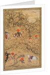 Hunting with falcons in a landscape; Verso: Calligraphy of Chaghatai Turkish poems…, c. 1558-60 by Abd al-Samad (attributed to)