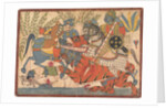 Harishchandra and his Minister Killing a Tiger folio from a Harishchandra Series, 1800-1850 by Unknown