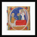 Manuscript Illumination with Tobit, Tobias, and the Archangel Raphael in an Initial O…, mid-14th c by Unknown