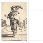 A gentleman standing in front of a large castle and wearing a plumed hat and a lace collar…, 1629 by Abraham Bosse