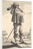 A gentleman wearing a short coat, a helmet, and boots with spurs, standing on the steps an…, 1629 by Abraham Bosse