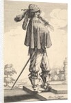 A gentleman wearing a short coat, a helmet, and boots with spurs, standing on the steps an…, 1629 by Abraham Bosse